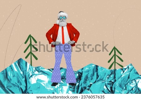 Creative collage picture of funky serious grandfather santa painted snowy forest new year tree isolated on beige background