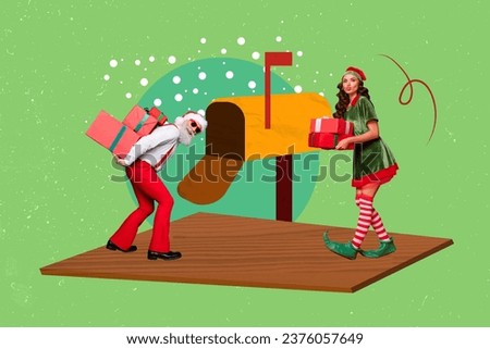 Artwork collage picture of funky santa elf hold put new year giftbox mailbox isolated on creative festive green background