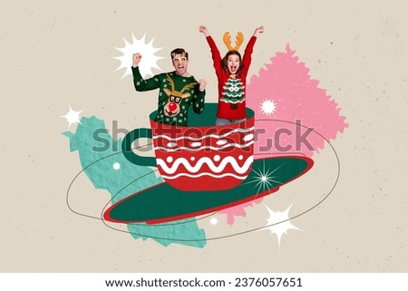 Creative collage picture of two excited delighted mini people inside big new year cup raise fists isolated on drawing beige background