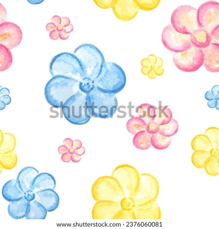 Seamless pattern of blue, pink and yellow cute flowers. Watercolor hand drawn illustration for various design, decorating background, kids birthday and party, textile making, packaging, wrapping paper