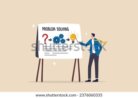 Problem solving skill, idea to solve difficulty challenge, process or procedure to fix problem, information to achieve goal concept, businessman present problem solving procedure on whiteboard. Royalty-Free Stock Photo #2376060335