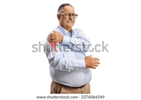 Mature man suffering from arthritis in the shoulder joint, pain and desease concept isolated on white background  Royalty-Free Stock Photo #2376066549