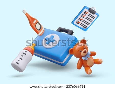Medical care and treatment for newborns. Poster with 3d realistic teddy bear, clipboard, medical box with medicine, thermometer and baby bottle. Vector illustration with blue background Royalty-Free Stock Photo #2376066711