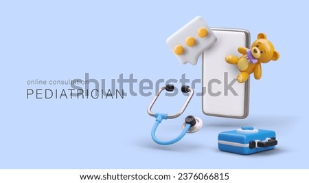 Medical online and offline help for children. 3d realistic smartphone, medical kit, stethoscope and teddy bear. Online communication with medic. Vector illustration Royalty-Free Stock Photo #2376066815