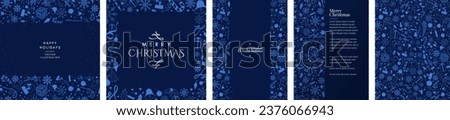 Monochromatic Blue Christmas Card and Poster Template. Pattern of illustrated Christmas elements with copy space for invitations, posters, social media posts, backgrounds. Vector Illustration.