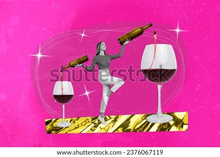 Composite collage picture image of funny female hold alcohol bottles two pouring wine glasses party date restaurant rich gold texture