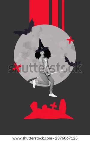 Picture collage of cheerful with flying cebrate helloween event sitting broomstick isolated dark grey color drawing background