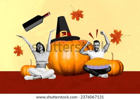 Creative collage picture of two mini excited black white colors people raise fists arms catch big wine bottle pumpkin hat flying leaves