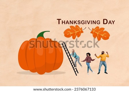 Collage picture of group mini carefree people dancing enjoy thanksgiving day climb ladder huge pumpkin isolated on beige paper background Royalty-Free Stock Photo #2376067133