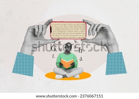 3d retro abstract creative artwork template collage of curious smart female read book hands hold device ebook text online bizarre unusual