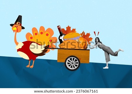 Collage picture of excited mini black white colors girl push up hill shop trolley tied painted turkey hat isolated on blue background