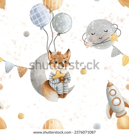 Seamless pattern for children's textiles with a fox in space