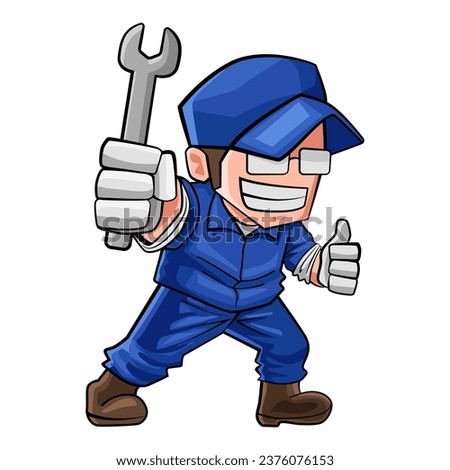 Male mechanic cartoon character mascot holding a wrench Illustration Isolated in White