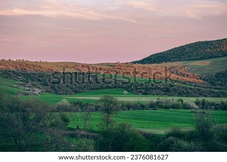 Beautiful natural landscape in the heart of Azerbaijan, green meadows and hills with warm sunset. 