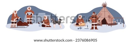 Culture and traditions at the north pole cartoon vector illustrations set. North Arctic people in traditional Eskimos clothing. Construction icehouse, Husky dog. Sleigh with sled, fishing. Royalty-Free Stock Photo #2376086905