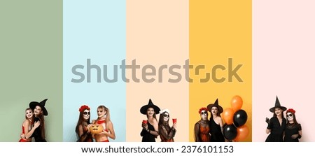 Collage of young women dressed for Halloween party on color background