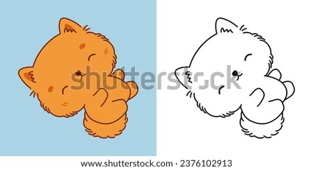 Cute IsolatedPomeranian Puppy Illustration and For Coloring Page. Cartoon Clip Art Dog. Cartoon Vector Illustration of Kawaii Puppy Spitzfor Stickers, Prints for Clothes, Baby Shower. 