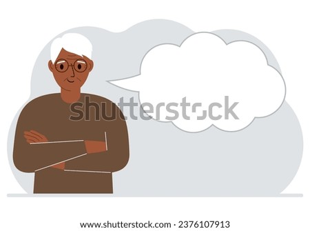 Man arms crossed next to big bubble of thoughts. Place for text.