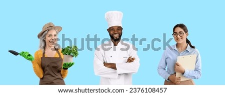 Work Diversity. People in different uniforms posing on bright blue background, portraits of happy workers looking and smiling at camera, enjoying their professions, creative collage, panorama