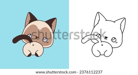 Set Clipart Siamese Cat Coloring Page and Colored Illustration. Kawaii Isolated Kitten. Cute Vector Illustration of a Kawaii Pet for Stickers, Prints for Clothes, Baby Shower. 