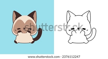 Cute Siamese Kitten Clipart for Coloring Page and Illustration. Happy Clip Art Kitty. Happy Vector Illustration of a Kawaii Pet for Stickers, Baby Shower, Coloring Pages. 
