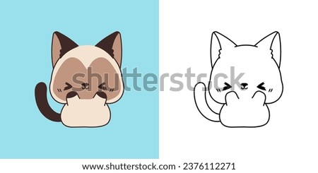 Vector Siamese Kitten Multicolored and Black and White. Beautiful Clip Art Kitten. Cartoon Vector Illustration of Kawaii Pet for Stickers, Prints for Clothes, Baby Shower. 