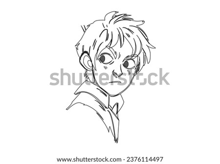 A Cute cartoon boy doll long fairy hair on white background line art illustration.