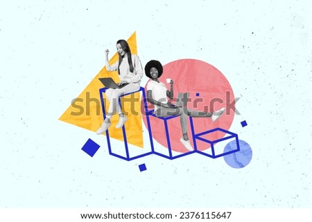 Creative abstract template graphics collage image of lucky confident ladies working modern devices isolated white color background Royalty-Free Stock Photo #2376115647