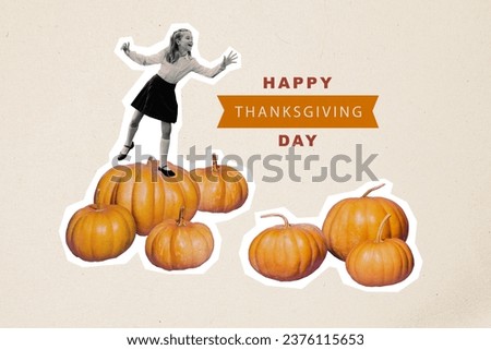 Collage magazine image of cute charming girl on pumpkins celebrating holiday happy thanksgiving day isolated drawing background