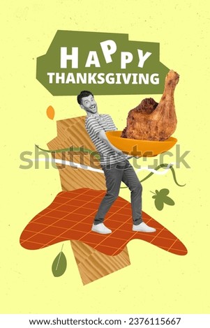 Vertical picture collage of funky cheerful guy hold carry plate tasty breakfast baked turkey meat isolated on drawing background