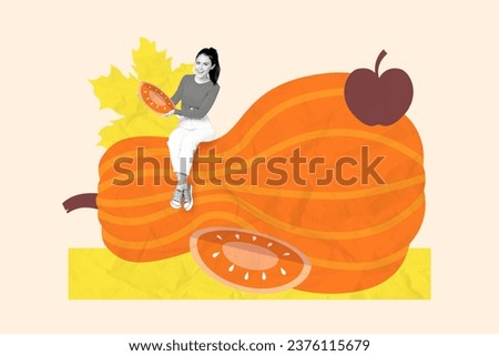 Image picture collage of happy cute girl eating pumpkin celebrating harvest feast isolated on white drawing background
