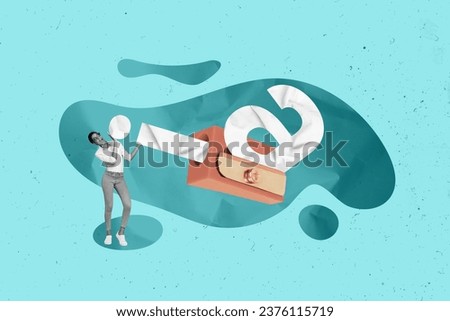 Collage image of impressed mini black white effect person arms hold put big letter inside pencil sharpener isolated on teal background