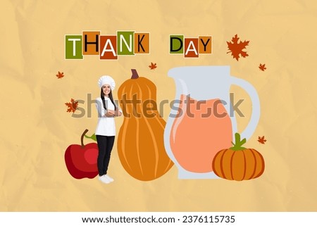 Image poster collage of confident beautiful girl chef preparing holiday dinner thank day isolated on drawing background