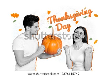 Collage artwork graphics picture of lucky excited guy lady enjoying thanksgiving celebration isolated white color background
