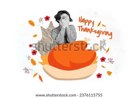 Picture collage of cute shy girl close face presenting delicious baked meat happy thanksgiving day isolated on white drawing background