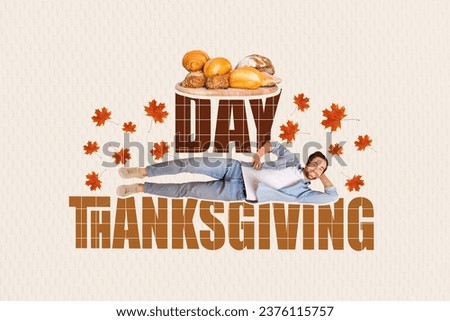 Artwork collage picture of funky positive guy lying thanksgiving day bakery tray flying maple leaves isolated on paper background