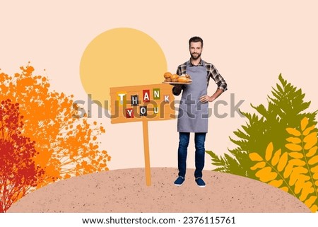 Creative collage of friendly guy hand hold fresh bakery tray thank you wooden sign painter plants sun isolated on beige background