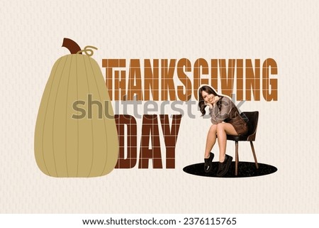 Creative collage picture of mini positive girl sit chair big drawing pumpkin thanksgiving day isolated on paper background