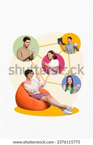 Exclusive magazine picture sketch collage image of smiling people communicating instagram twitter telegram facebook isolated creative background