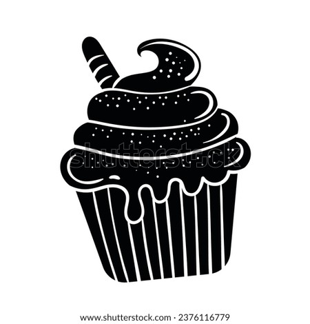 Cupcake silhouette. Black silhouette Cupcake. Cupcake isolated on white background. hand drawn Cupcake design. vector illustration. Muffin silhouette. decorated with cherry, blackberry, mint, candle.