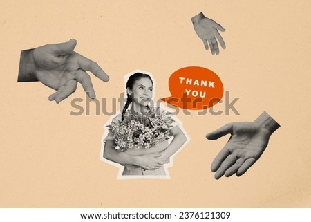 Creative collage banner poster of charming beautiful lady celebrate festive thanksgiving day speak thank you for helpers relatives people