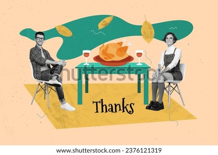 Greeting picture collage of beautiful couple spending time together romantic dinner isolated on drawing background