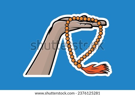 Hand Holding Chaplet of Beads Sticker vector illustration. Islamic holiday icon concept. Human hand of young man holding chaplet sticker vector design.