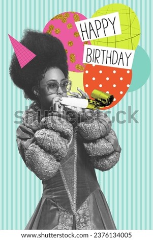 African young woman, medieval royal person, princess celebrating birthday. Creative design. Concept of holidays, birthday party, creativity, pop art, inspiration. Poster, invitation card