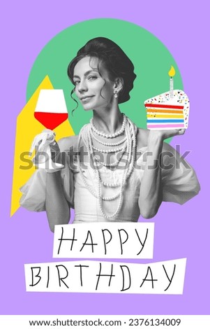 Beautiful woman, royal person in dress standing with cake and wine glass, celebrating birthday. Creative design. Concept of holidays, birthday party, creativity, pop art. Poster, invitation card Royalty-Free Stock Photo #2376134009