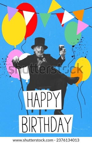 Senior man, aristocrat in elegant costume raising glass wit beer, celebrating birthday. Creative design. Concept of holidays, birthday party, creativity, pop art, inspiration. Poster, invitation card