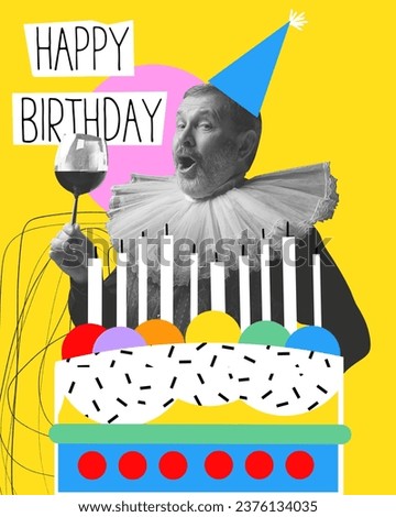 Senior man, medieval royal person drinking red wine, celebrating birthday. Creative design. Concept of holidays, birthday party, creativity, pop art, inspiration. Poster, invitation card