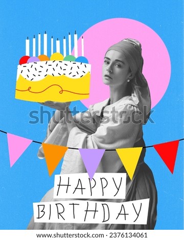 Elegant, beautiful woman, medieval person holding big cake with candles, celebrating birthday. Creative design. Concept of holidays, birthday party, creativity, pop art. Poster, invitation card