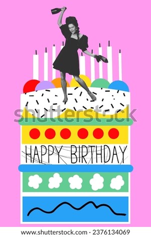 Elegant,. drunk, stylish woman in black dress celebrating birthday, drinking, dancing on cake. Creative design. Concept of holidays, party, creativity and pop art, inspiration. Poster, invitation card