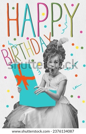 Little happy girl, princess opening birthday resents with shocked and excited face. Creative design. Concept of holidays, birthday party, creativity, pop art, inspiration. Poster, invitation card